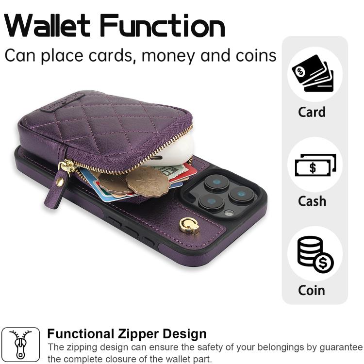 For iPhone 16 AwQuer Crossbody Zipper Wallet Bag Litchi Leather Phone Case(Dark Purple) - iPhone 16 Cases by Awquer | Online Shopping UK | buy2fix