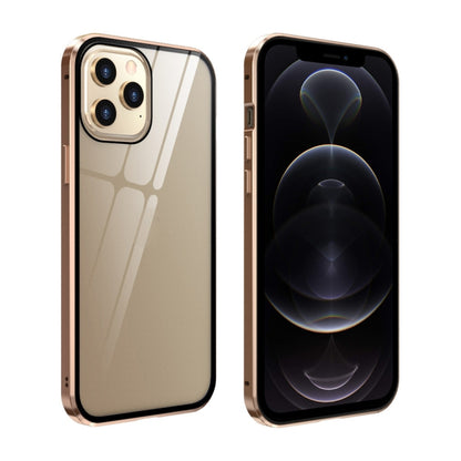 For iPhone 12 / 12 Pro Double Sides Tempered Glass Magnetic Adsorption Metal Frame Anti-peep Screen Case(Gold) - iPhone 12 / 12 Pro Cases by buy2fix | Online Shopping UK | buy2fix