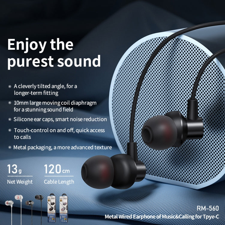 REMAX RM-560 Type-C In-Ear Stereo Metal Music Earphone with Wire Control + MIC, Support Hands-free, Not For Samsung Phones(Black) - Type-C Earphone by REMAX | Online Shopping UK | buy2fix