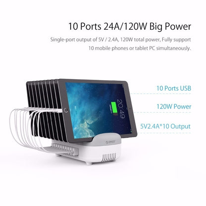 ORICO DUK-10P 120W 10 USB Ports Smart Charging Station with Phone & Tablet Stand, US Plug(White) - Multifunction Charger by ORICO | Online Shopping UK | buy2fix