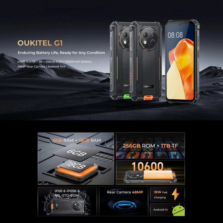 Oukitel G1 Rugged Phone, 6GB+256GB, Fingerprint Identification, 6.52 inch Android 14 T606 Octa Core, NFC, OTG, Network: 4G (Grey) - OUKITEL by OUKITEL | Online Shopping UK | buy2fix