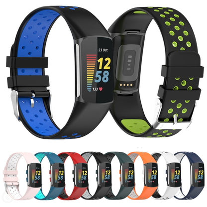 For Fitbit Charge 5 Double Color Metal Buckle Hole Silicone Watch Band(Black Blue) - Watch Bands by buy2fix | Online Shopping UK | buy2fix