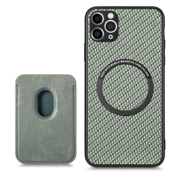 For iPhone 11 Carbon Fiber Leather Card Magsafe Magnetic Phone Case(Green) - iPhone 11 Pro Cases by buy2fix | Online Shopping UK | buy2fix