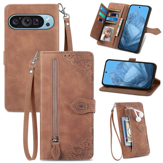 For Google Pixel 9 Embossed Flower Zipper Leather Phone Case(Brown) - Google Cases by buy2fix | Online Shopping UK | buy2fix