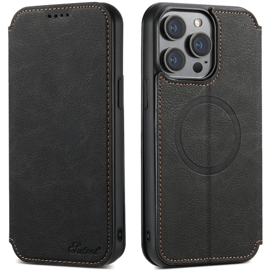For iPhone 14 Plus Suteni J06 Retro Matte Litchi Texture Leather Magnetic Magsafe Phone Case(Black) - iPhone 14 Plus Cases by Suteni | Online Shopping UK | buy2fix