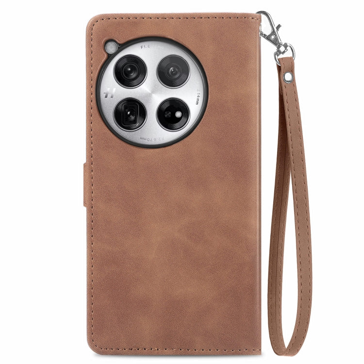 For OnePlus 12 Embossed Flower Zipper Leather Phone Case(Brown) - OnePlus Cases by buy2fix | Online Shopping UK | buy2fix