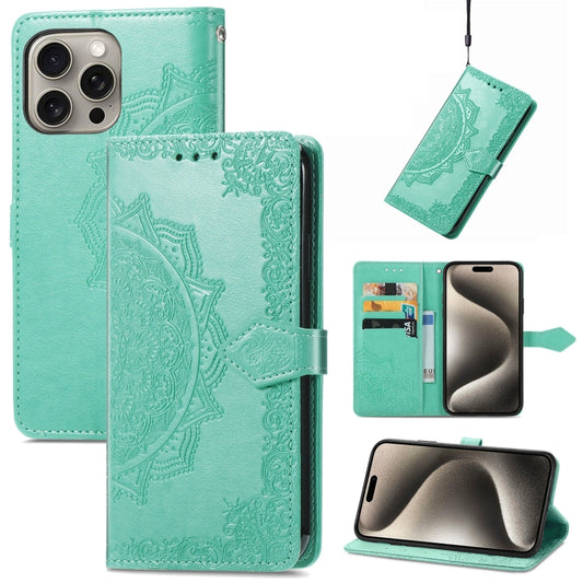 For iPhone 16 Pro Mandala Flower Embossed Leather Phone Case(Green) - iPhone 16 Pro Cases by buy2fix | Online Shopping UK | buy2fix