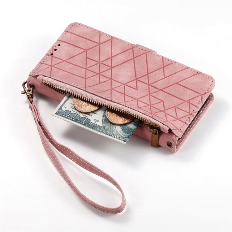 For iPhone 16 Geometric Zipper Wallet Side Buckle Leather Phone Case(Pink) - iPhone 16 Cases by buy2fix | Online Shopping UK | buy2fix