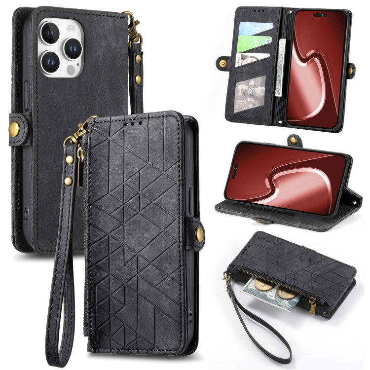 For iPhone 16 Pro Max Geometric Zipper Wallet Side Buckle Leather Phone Case(Black) - iPhone 16 Pro Max Cases by buy2fix | Online Shopping UK | buy2fix