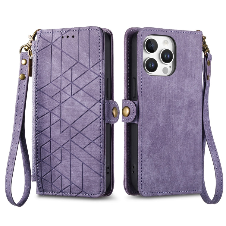 For iPhone 16 Pro Max Geometric Zipper Wallet Side Buckle Leather Phone Case(Purple) - iPhone 16 Pro Max Cases by buy2fix | Online Shopping UK | buy2fix