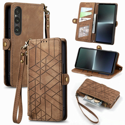 For Sony Xperia 10 III Geometric Zipper Wallet Side Buckle Leather Phone Case(Brown) - Sony Cases by buy2fix | Online Shopping UK | buy2fix