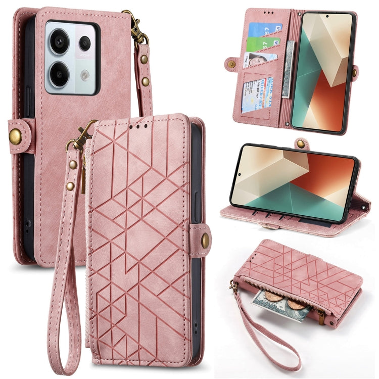 For Redmi Note 13 Pro 4G Geometric Zipper Wallet Side Buckle Leather Phone Case(Pink) - Note 13 Pro Cases by buy2fix | Online Shopping UK | buy2fix