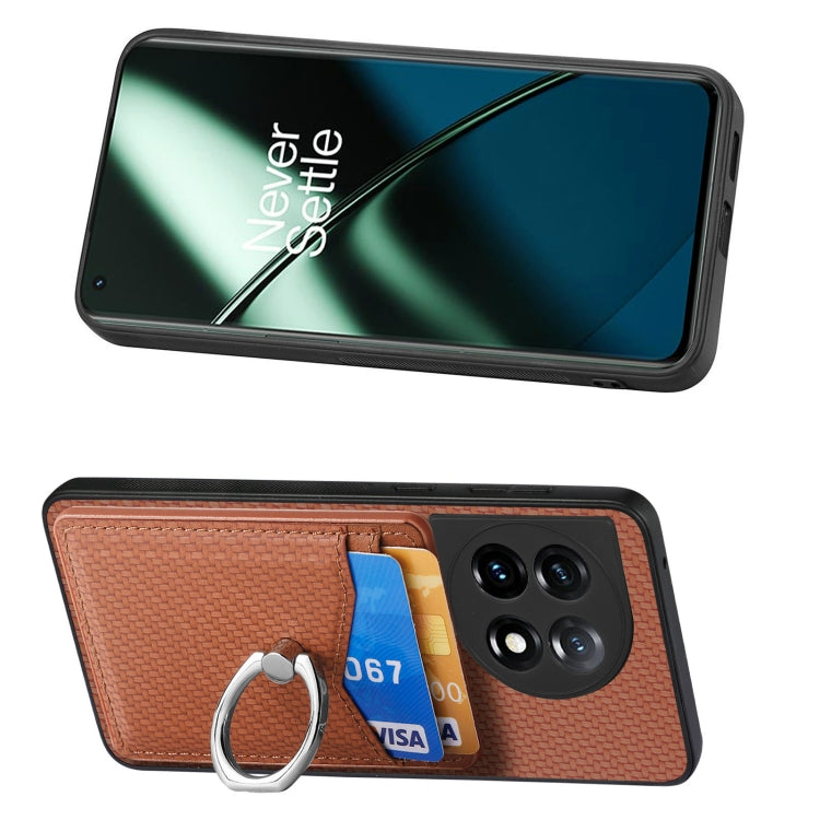 For OnePlus 11 Carbon Fiber Card Wallet Ring Holder Phone Case(Brown) - OnePlus Cases by buy2fix | Online Shopping UK | buy2fix