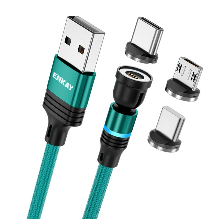 ENKAY 3 in 1 3A USB to Type-C / 8 Pin / Micro USB Magnetic 540 Degrees Rotating Fast Charging Cable, Length:1m(Green) - Charging Cable & Head by ENKAY | Online Shopping UK | buy2fix