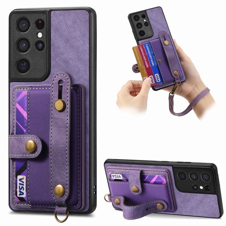 For Samsung Galaxy S21 Ultra 5G Retro Cross Wristband Wallet Leather Back Phone Case(Purple) - Galaxy S21 Ultra 5G Cases by buy2fix | Online Shopping UK | buy2fix