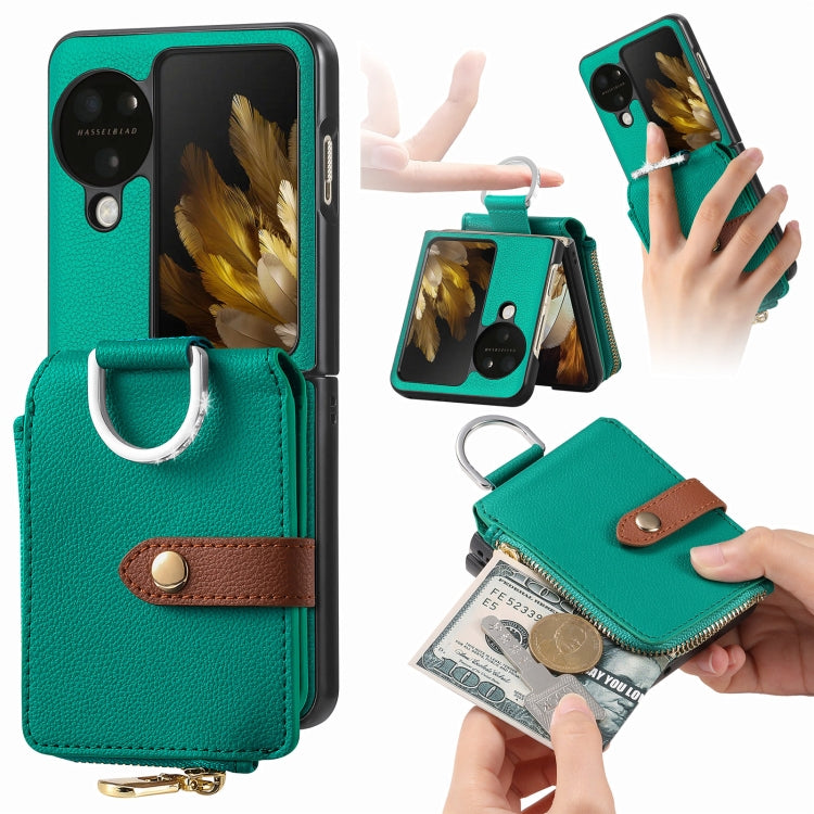 For OPPO Find N3 Flip Vertical Flip Zipper Wallet Ring Leather Phone Case(Green) - Find N3 Flip Cases by buy2fix | Online Shopping UK | buy2fix