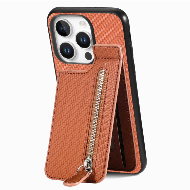 For iPhone 16 Pro Carbon Fiber Vertical Flip Zipper Phone Case(Brown) - iPhone 16 Pro Cases by buy2fix | Online Shopping UK | buy2fix