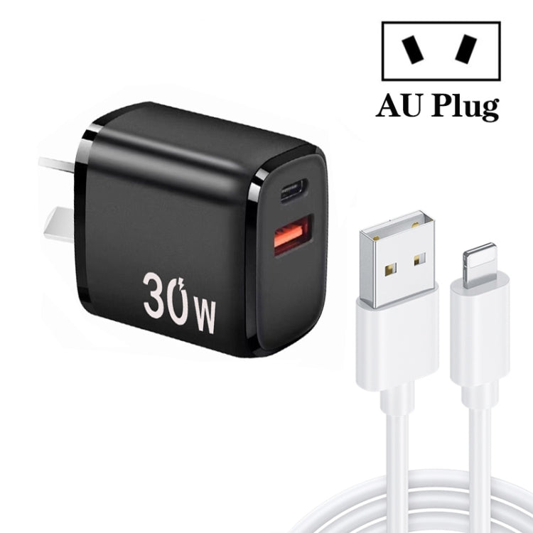 PD30W USB-C / Type-C + QC3.0 USB Charger with 1m USB to 8 Pin Data Cable, AU Plug(Black) - USB Charger by buy2fix | Online Shopping UK | buy2fix