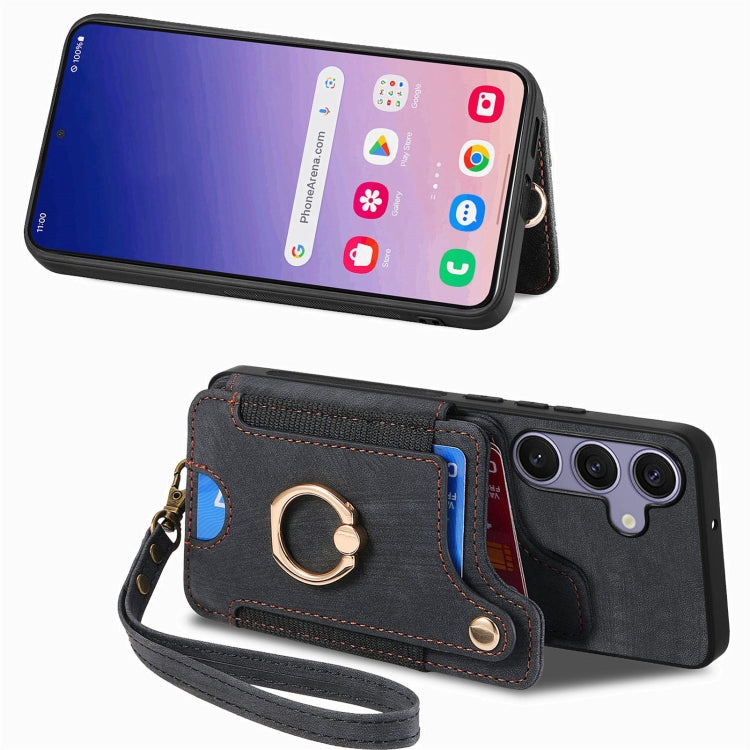 For Samsung Galaxy S25 5G Retro Skin-feel Ring Multi-card Wallet Phone Case(Black) - Galaxy S25 5G Cases by buy2fix | Online Shopping UK | buy2fix