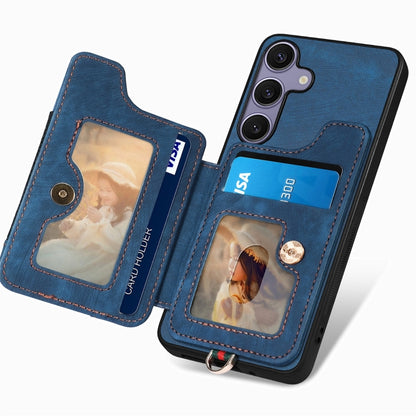 For Samsung Galaxy S25 5G Retro Skin-feel Ring Multi-card Wallet Phone Case(Blue) - Galaxy S25 5G Cases by buy2fix | Online Shopping UK | buy2fix