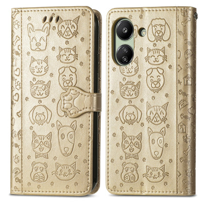 For Xiaomi Redmi 13C Cat and Dog Embossed Leather Phone Case(Gold) - 13C Cases by buy2fix | Online Shopping UK | buy2fix