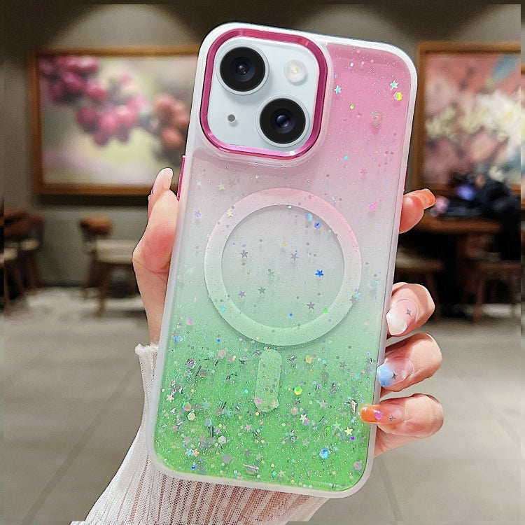 For iPhone 15 Plus Multicolor Gradient Glitter Sequin MagSafe TPU Phone Case(Pink+Vert Anis) - iPhone 15 Plus Cases by buy2fix | Online Shopping UK | buy2fix