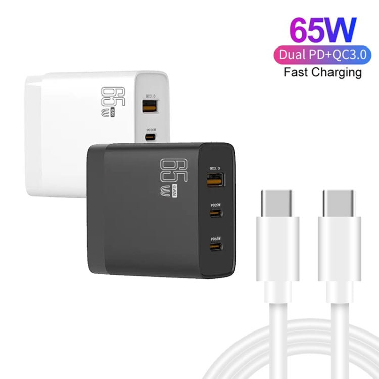 GAN 65W PD45W Dual Type-C / QC3.0 USB  Multi Compatible Charger + 2m USB-C to USB-C Data Cable UK + US Plug Black - Cable & Adapter by buy2fix | Online Shopping UK | buy2fix