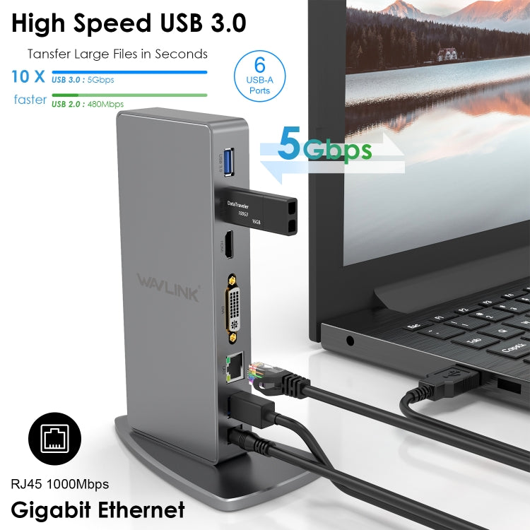 WAVLINK WL-UG39DK7 USB3.0 Hub Adapter Multi-Screen Graphics Card Universal Docking Station, Plug:US Plug - USB HUB by WAVLINK | Online Shopping UK | buy2fix