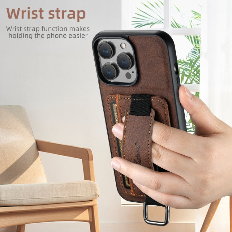 For iPhone 16 Pro Max Suteni H13 Litchi Leather Wrist Strap Wallet Back Phone Case(Brown) - iPhone 16 Pro Max Cases by Suteni | Online Shopping UK | buy2fix