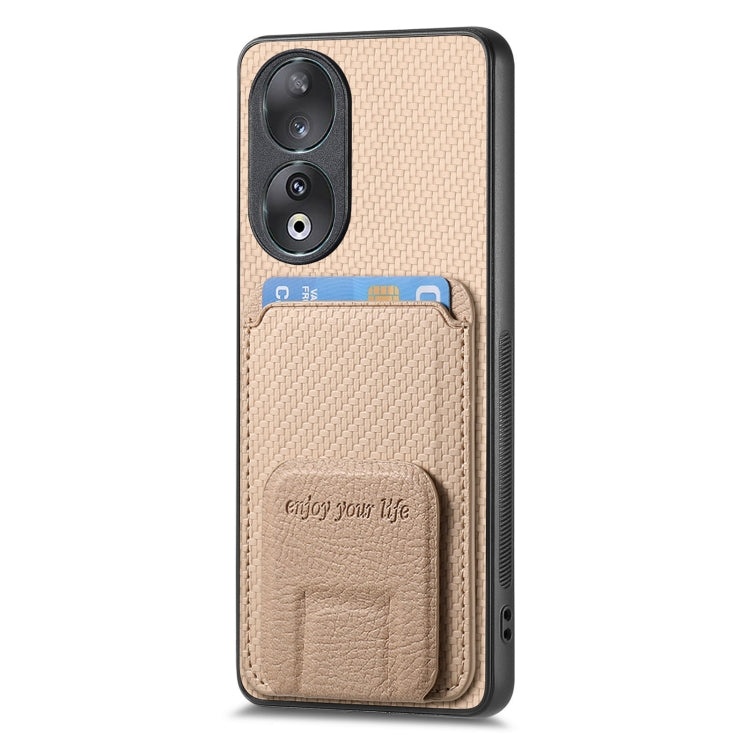 For Honor X7 Carbon Fiber Card Bag Fold Stand Phone Case(Khaki) - Honor Cases by buy2fix | Online Shopping UK | buy2fix