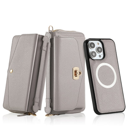 For iPhone 14 Plus MagSafe Crossbody Multi-functional Zipper Wallet Litchi Leather Phone Case(Grey) - iPhone 14 Plus Cases by buy2fix | Online Shopping UK | buy2fix