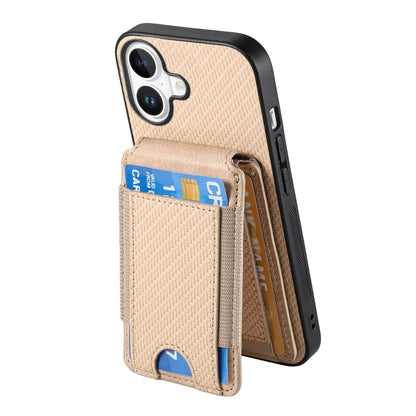 For iPhone 16 Carbon Fiber Vertical Flip Wallet Stand Phone Case(Khaki) - iPhone 16 Cases by buy2fix | Online Shopping UK | buy2fix