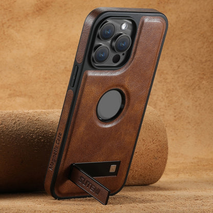 For iPhone 12 Suteni G2 Magsafe Oil Wax Leather Back Phone Case with Holder(Brown) - iPhone 12 / 12 Pro Cases by Suteni | Online Shopping UK | buy2fix