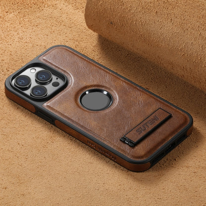 For iPhone 12 Suteni G2 Magsafe Oil Wax Leather Back Phone Case with Holder(Brown) - iPhone 12 / 12 Pro Cases by Suteni | Online Shopping UK | buy2fix