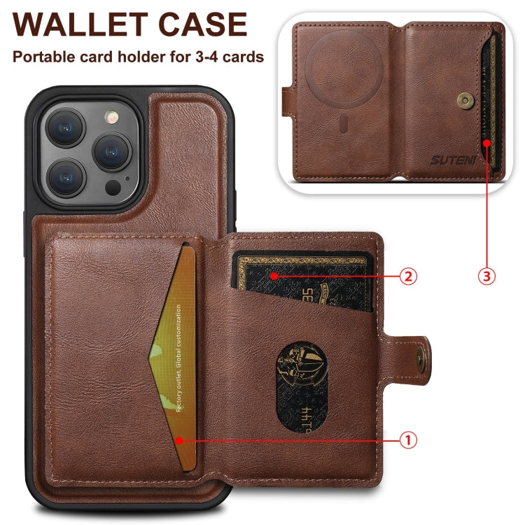 For iPhone 15 Pro Suteni M1 Oil Wax MagSafe Detachable Horizontal Card Bag Phone Case(Purple) - iPhone 15 Pro Cases by Suteni | Online Shopping UK | buy2fix