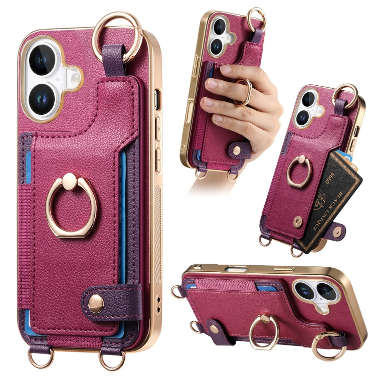 For iPhone 16 Fashion Ring Card Bag Phone Case with Hang Loop(Purple) - iPhone 16 Cases by buy2fix | Online Shopping UK | buy2fix