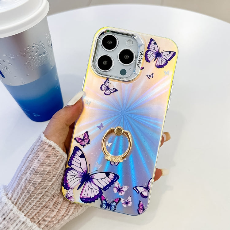 For iPhone 16 Pro Electroplating Laser Butterfly Ring Holder Phone Case(Purple Butterflies AB3) - iPhone 16 Pro Cases by buy2fix | Online Shopping UK | buy2fix