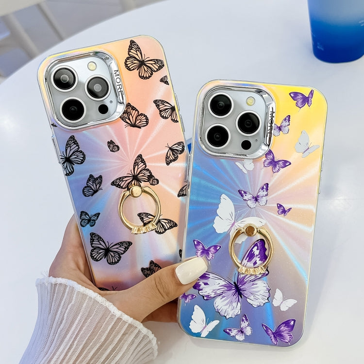 For iPhone 16 Pro Electroplating Laser Butterfly Ring Holder Phone Case(Purple Butterflies AB3) - iPhone 16 Pro Cases by buy2fix | Online Shopping UK | buy2fix