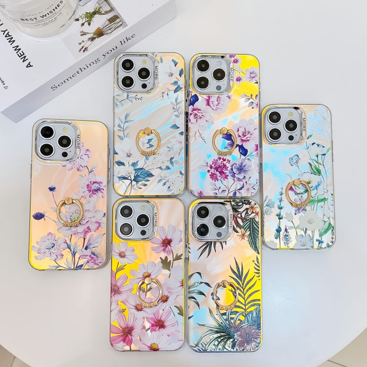 For iPhone 16 Pro Max Electroplating Laser Flower Ring Holder TPU Phone Case(White Flower AH10) - iPhone 16 Pro Max Cases by buy2fix | Online Shopping UK | buy2fix