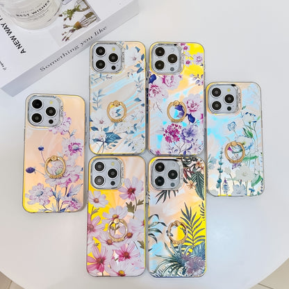 For iPhone 16 Electroplating Laser Flower Ring Holder TPU Phone Case(Rose AH15) - iPhone 16 Cases by buy2fix | Online Shopping UK | buy2fix