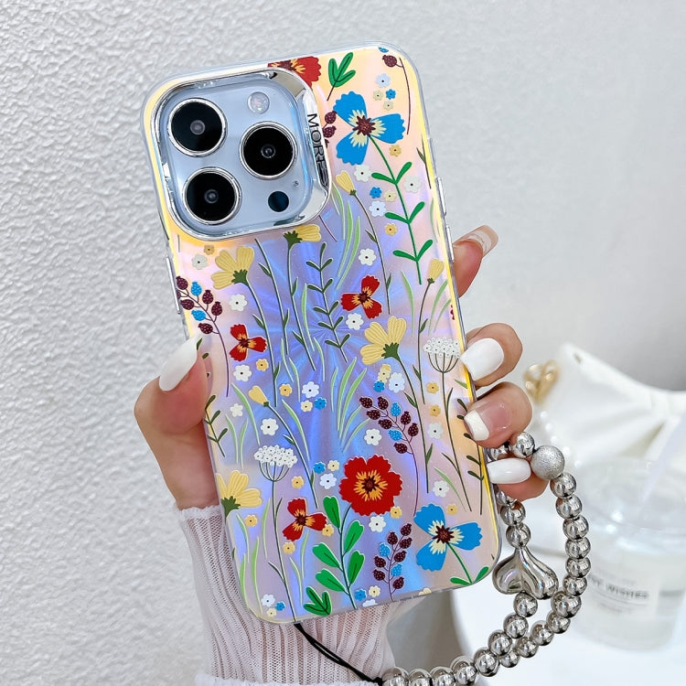 For iPhone 16 Pro Electroplating Laser Flower Phone Case with Wrist Strap(Flower AH6) - iPhone 16 Pro Cases by buy2fix | Online Shopping UK | buy2fix