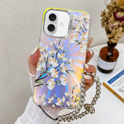 For iPhone 16 Electroplating Laser Flower Phone Case with Wrist Strap(Pear Blossom AH17) - iPhone 16 Cases by buy2fix | Online Shopping UK | buy2fix