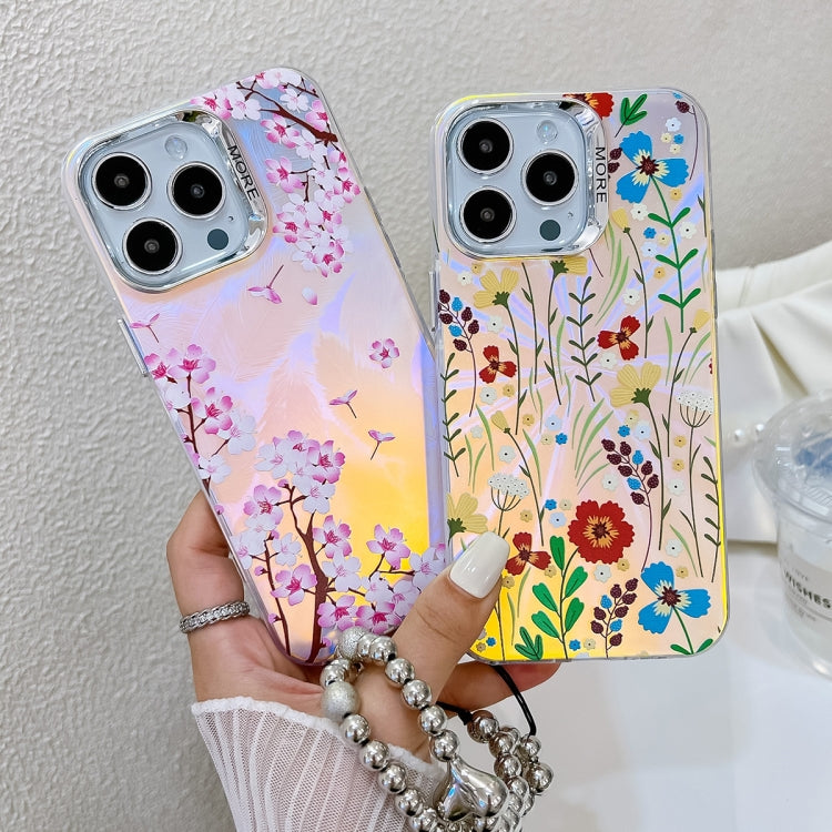 For iPhone 16 Electroplating Laser Flower Phone Case with Wrist Strap(White Flower AH10) - iPhone 16 Cases by buy2fix | Online Shopping UK | buy2fix