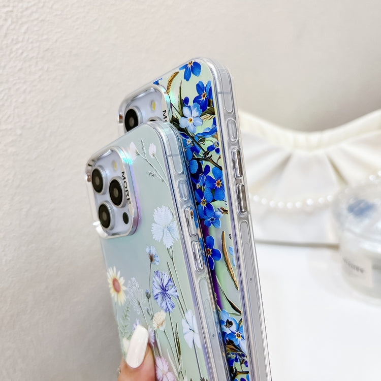 For iPhone 16 Electroplating Laser Flower Phone Case with Wrist Strap(Myosotis AH2) - iPhone 16 Cases by buy2fix | Online Shopping UK | buy2fix