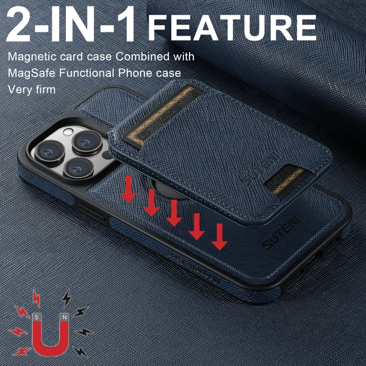 For iPhone 13 Suteni M2 Cross-Grain MagSafe Vertical Card Back Phone Case(Blue) - iPhone 13 Cases by Suteni | Online Shopping UK | buy2fix