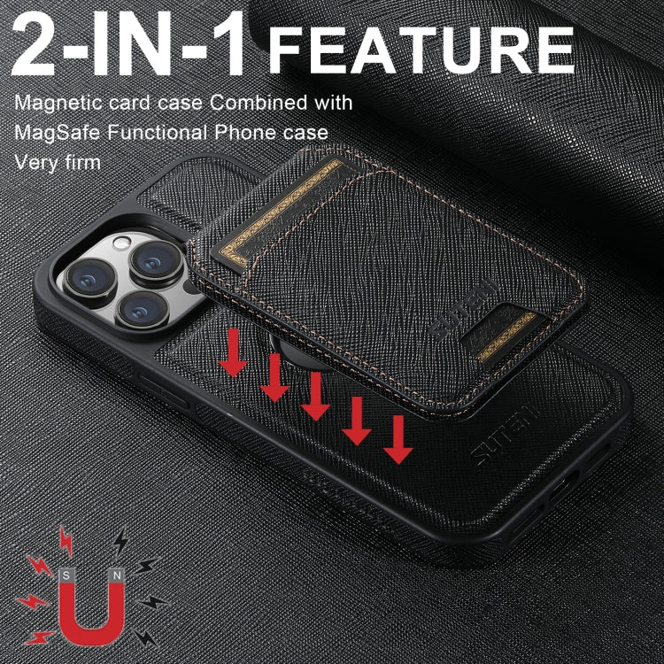 For iPhone 16 Pro Suteni M2 Cross-Grain MagSafe Vertical Card Back Phone Case(Black) - iPhone 16 Pro Cases by Suteni | Online Shopping UK | buy2fix