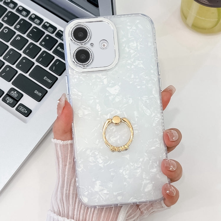 For iPhone 16 Plus Plating Glitter Texture Ring Holder TPU Phone Case with Lens Film(White Shell Grain) - iPhone 16 Plus Cases by buy2fix | Online Shopping UK | buy2fix