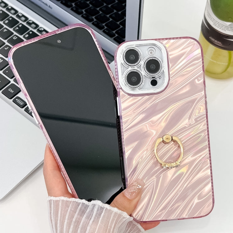 For iPhone 16 Pro Plating Glitter Texture Ring Holder TPU Phone Case with Lens Film(Pink Water Ripples) - iPhone 16 Pro Cases by buy2fix | Online Shopping UK | buy2fix