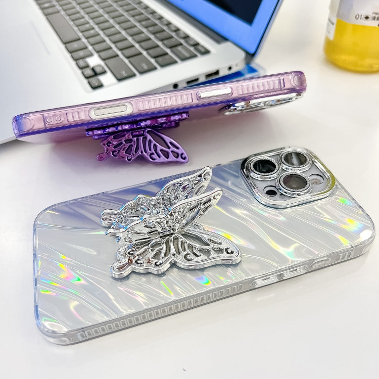 For iPhone 16 Plating Glitter Texture Butterfly Holder TPU Phone Case with Lens Film(White Tinfoil Texture) - iPhone 16 Cases by buy2fix | Online Shopping UK | buy2fix