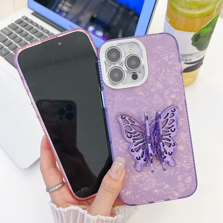 For iPhone 16 Pro Plating Glitter Texture Butterfly Holder TPU Phone Case with Lens Film(Pink Feathers) - iPhone 16 Pro Cases by buy2fix | Online Shopping UK | buy2fix